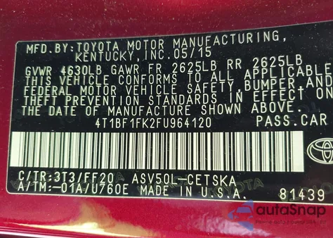 2015 Toyota Camry Se из США, поврежденный, VIN 4T1BF1FK2FU964120